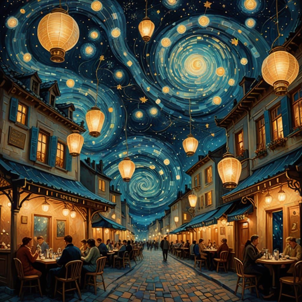 Celestial Cafe Under Swirling Starry Sky