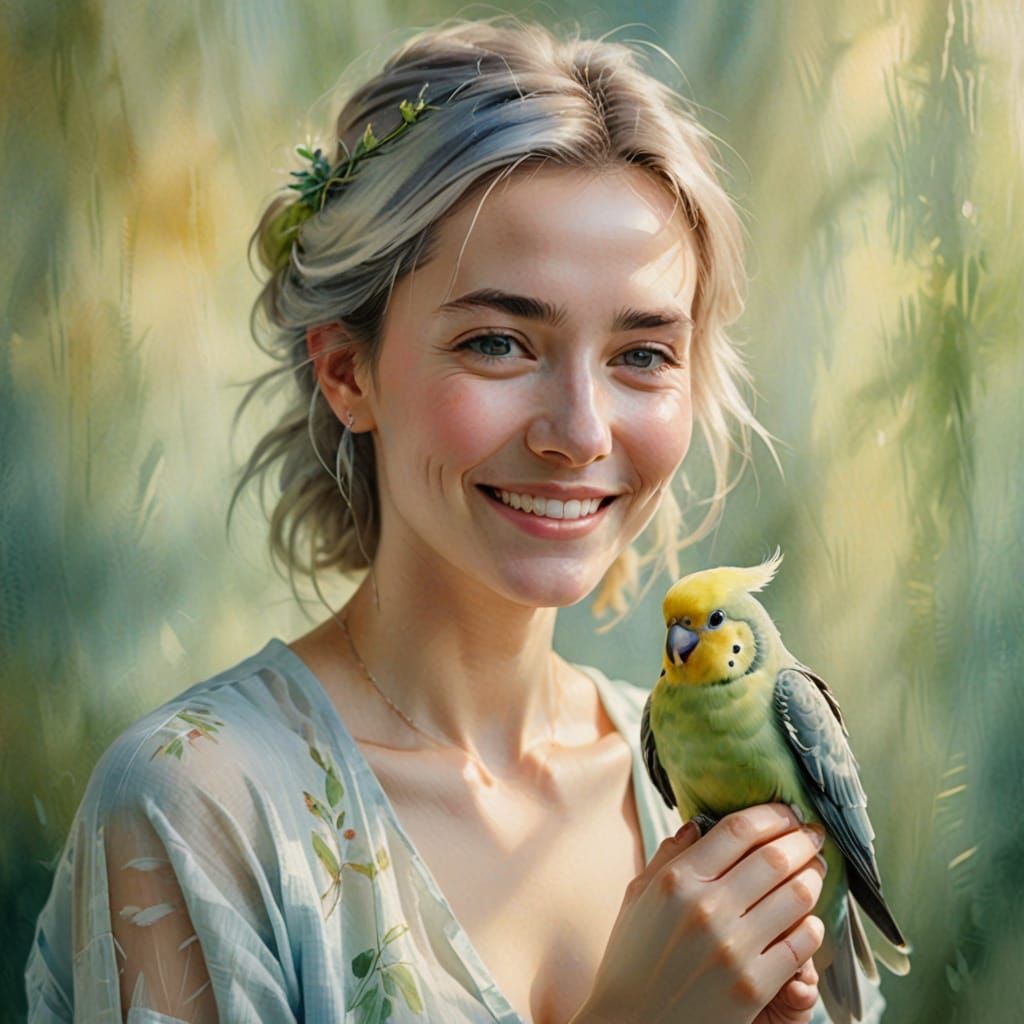 Woman in a Soft Focus Watercolor Portrait with a Gentle Cock...