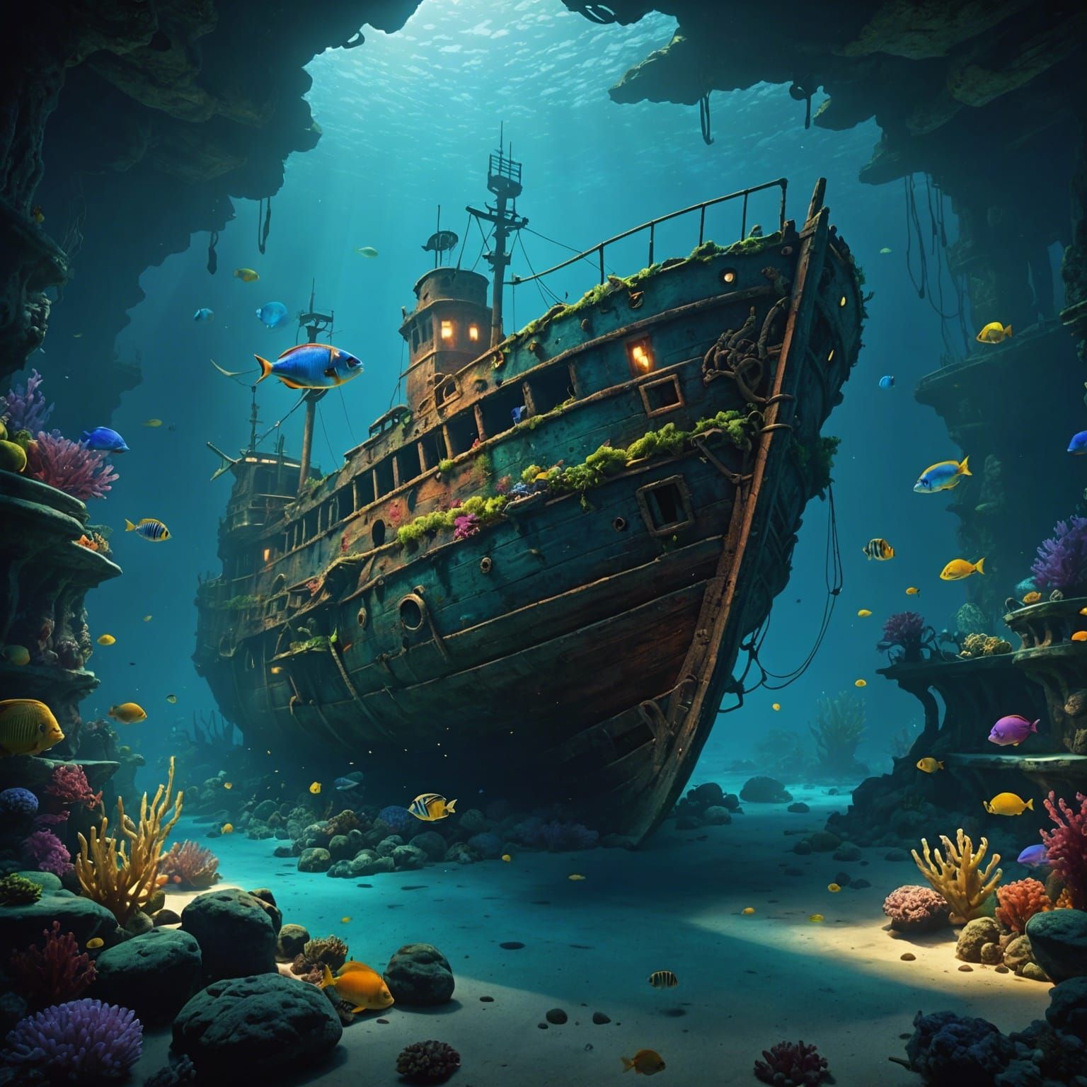 Eerie Underwater Shipwreck with Colorful Fish