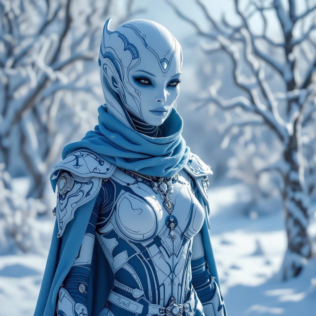 Alien Humanoid in Snowy Landscape, Hyperrealistic Surreal St...