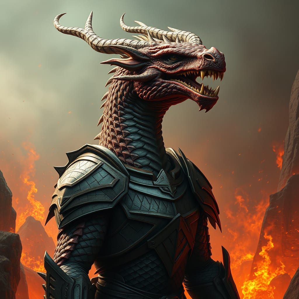 Dragon in Hyper-Realistic Armor Ignites Fiery Landscape