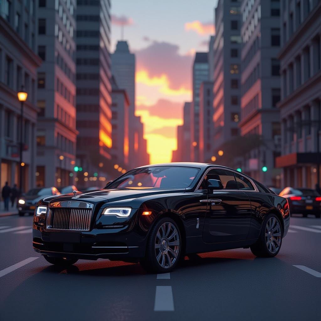 Luxury Black Car at Sunset on City Street