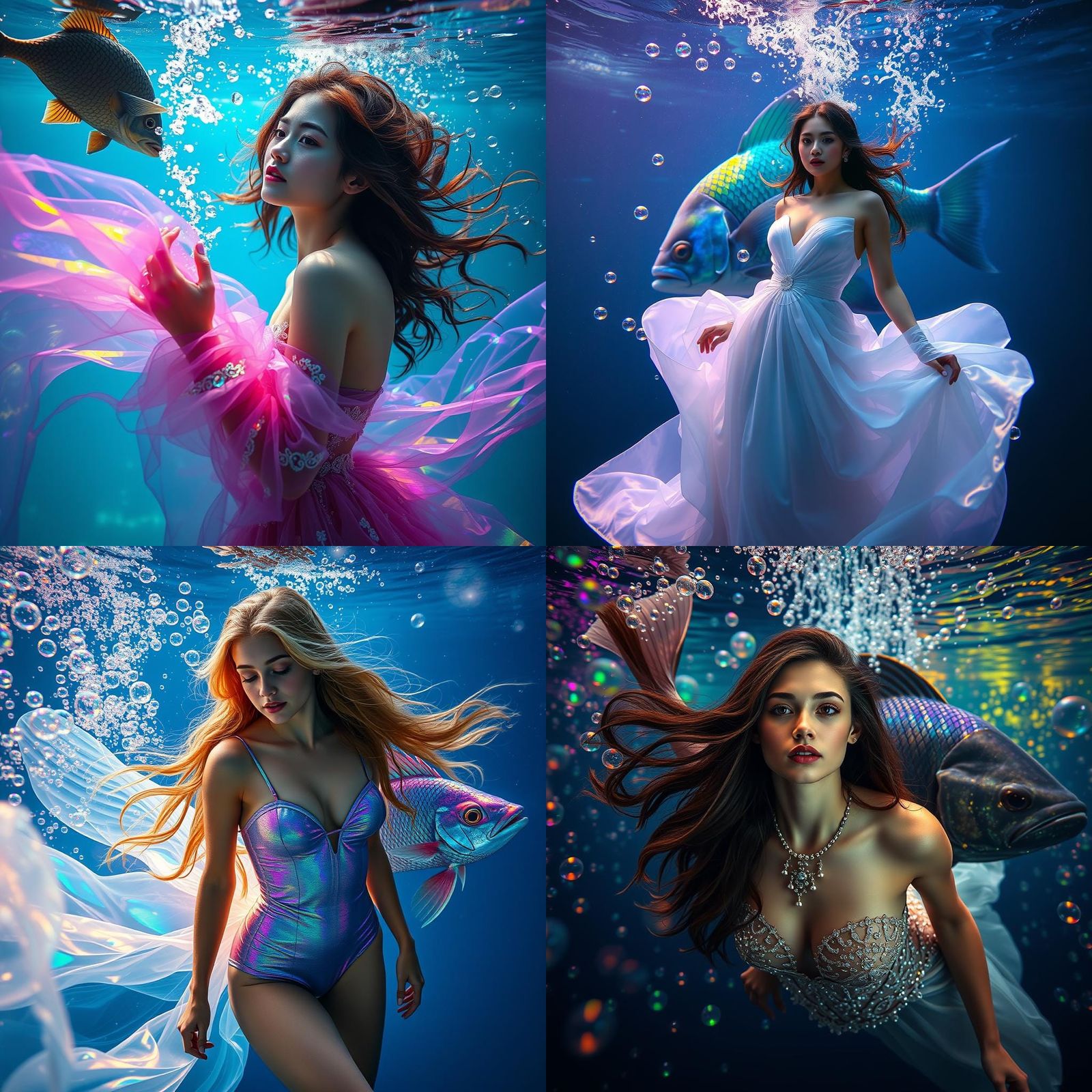 Underwater Woman with Fish and Rainbow Bubbles