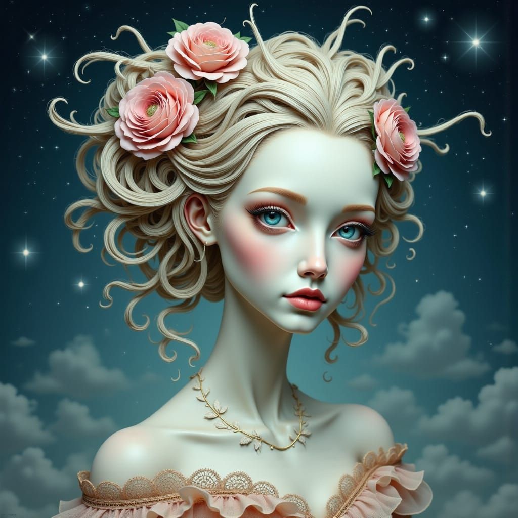 Robot Woman with Roses in Starry Night Sky