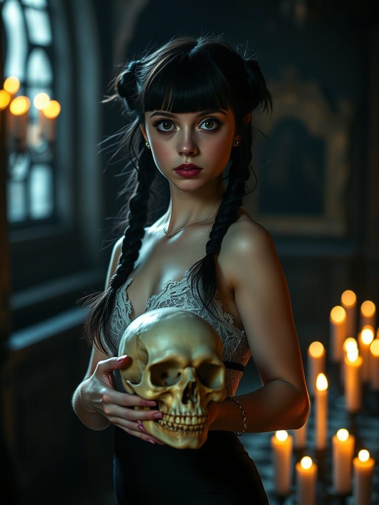 Gothic Woman with Skull in Candlelit Mansion