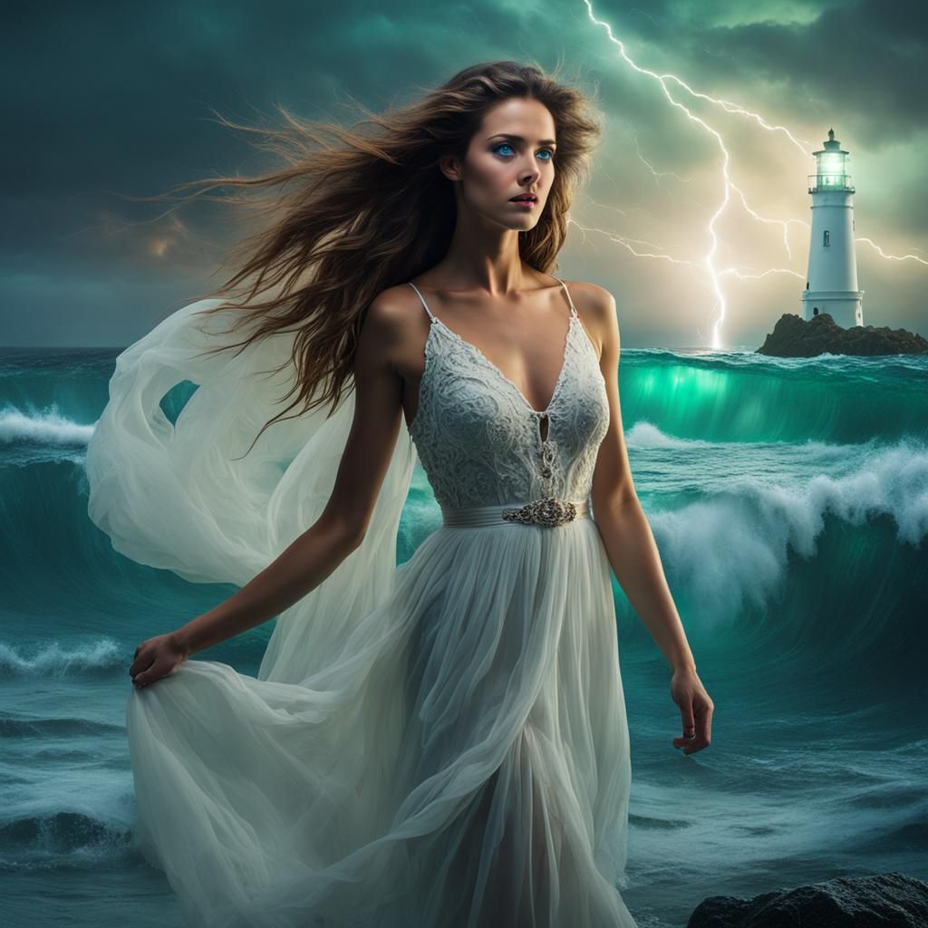 Woman in Bioluminescent Ocean with Lighthouse