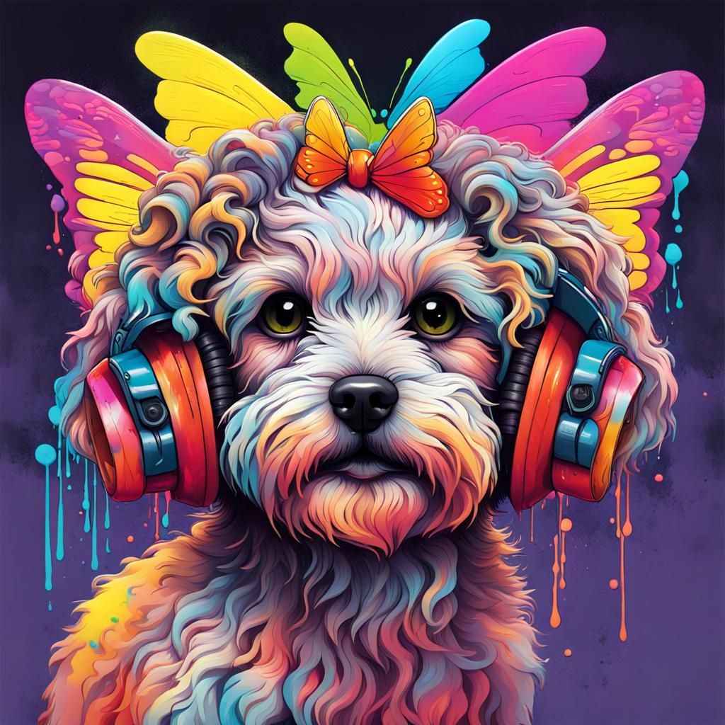 Neon Maltipoo with Butterfly Wings in Graffiti Art