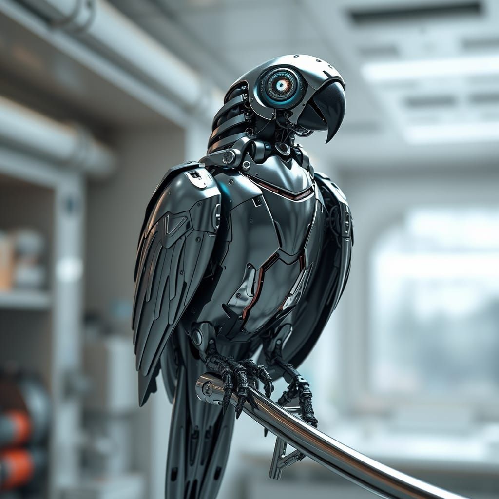 Hyperrealistic Robotic Parrot with Glowing Eyes