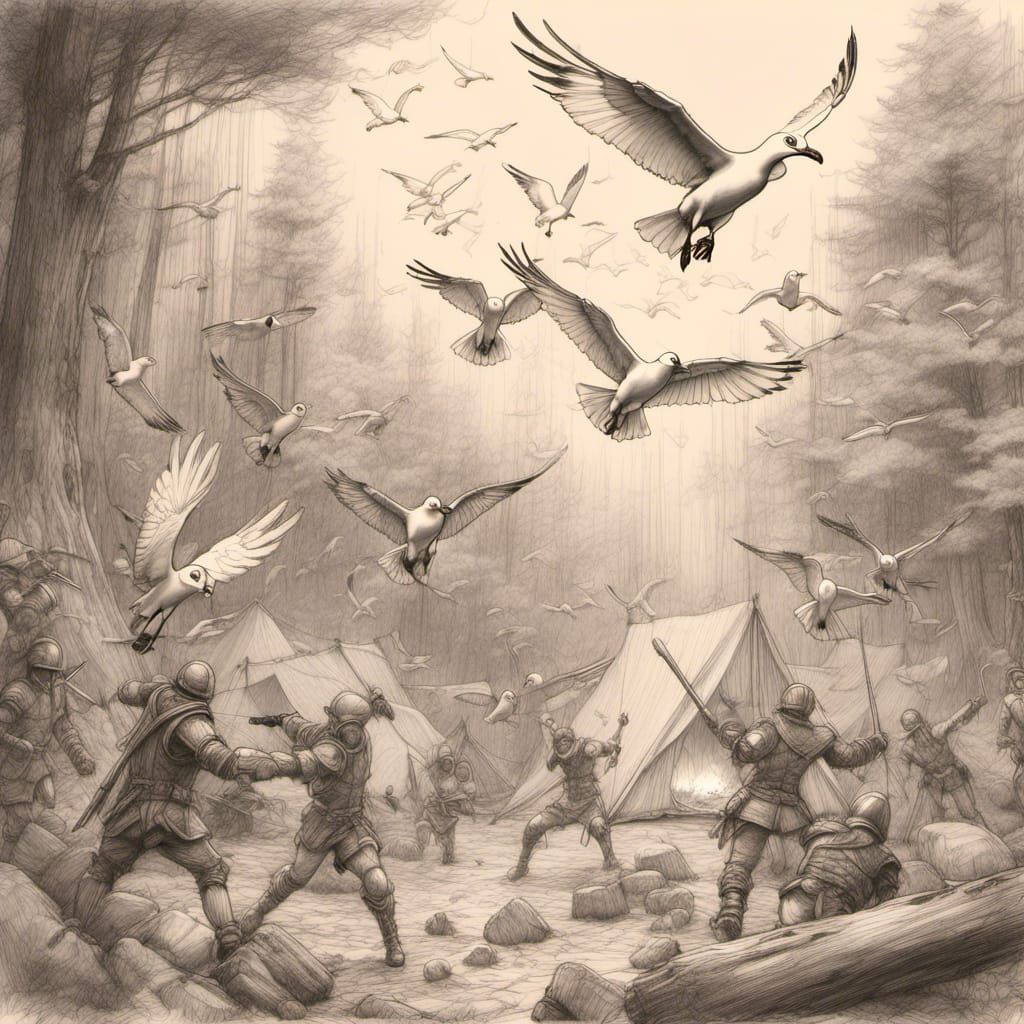 Seagulls Attack Knights: A Rough Pencil Sketch