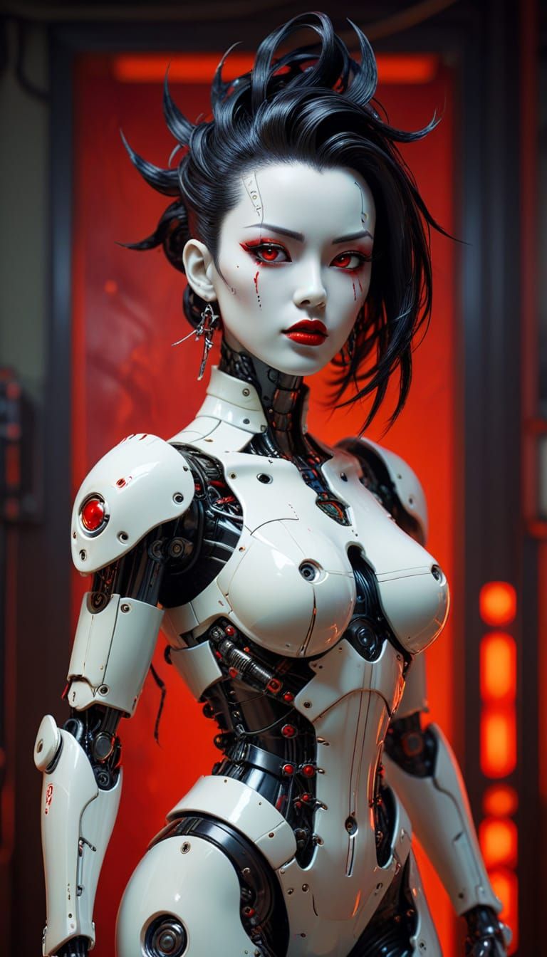 Gothic Gynoid Cyborg Pinup in Cyberpunk City