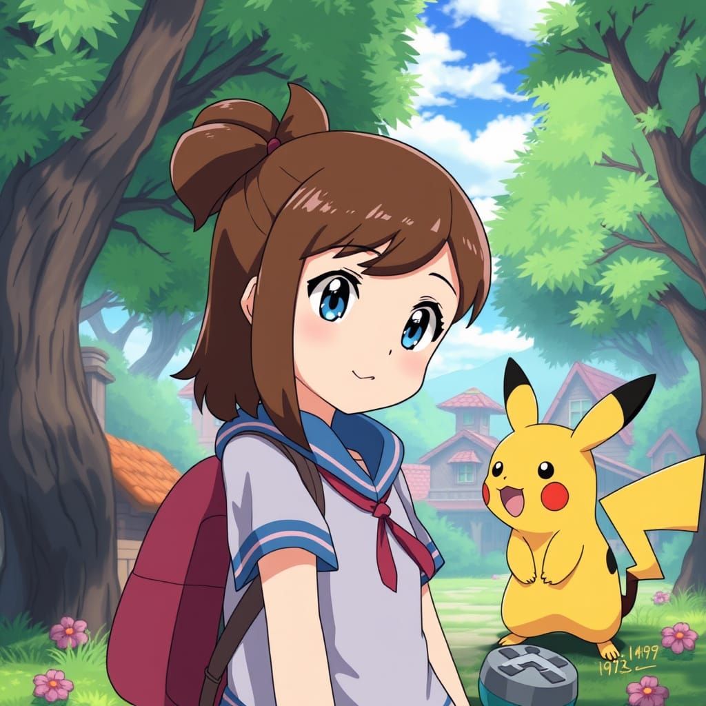 Young Anime Girl Pokémon Trainer Surrounded by Pikachu in Pa...
