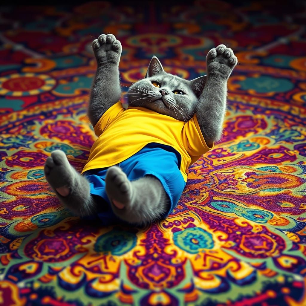 Whimsical Grey Cat in Kaleidoscopic Fantasy Scene