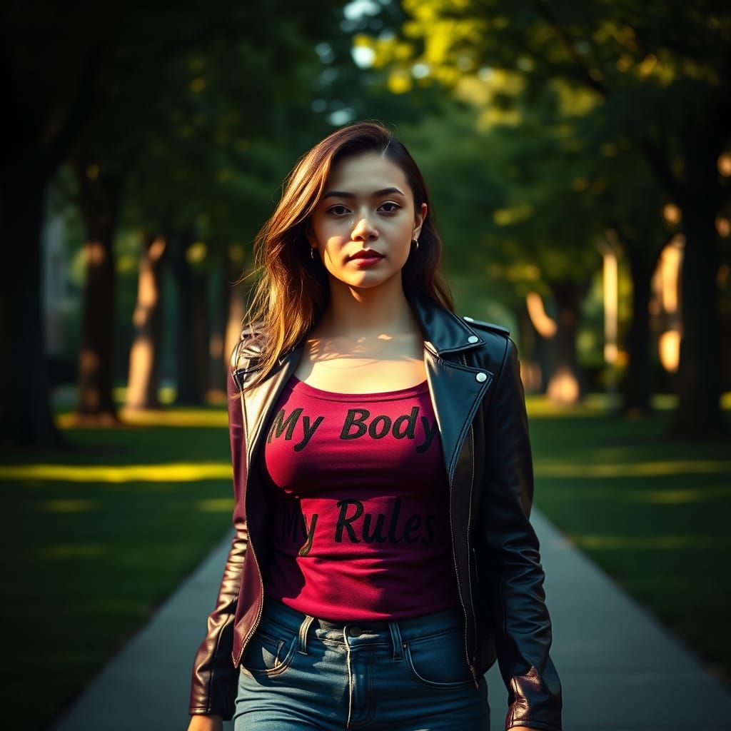 Confident Feminist College Student Strolls Through Lush Univ...