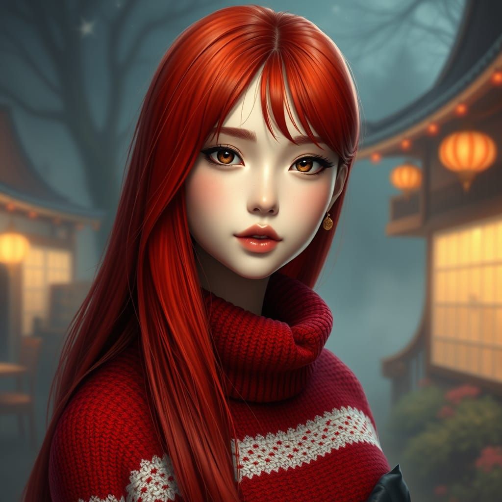 Ethereal Japanese Goddess in Vibrant Striped Sweater