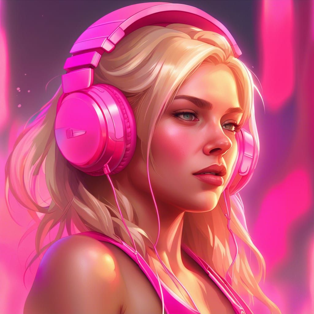 Blonde Girl Portrait with Pink Bikini, Hyperdetailed Art