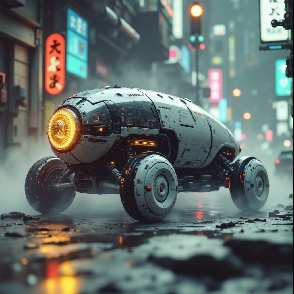 Majestic Cyberpunk Isopod Battle Vehicle in Vibrant Japanese...