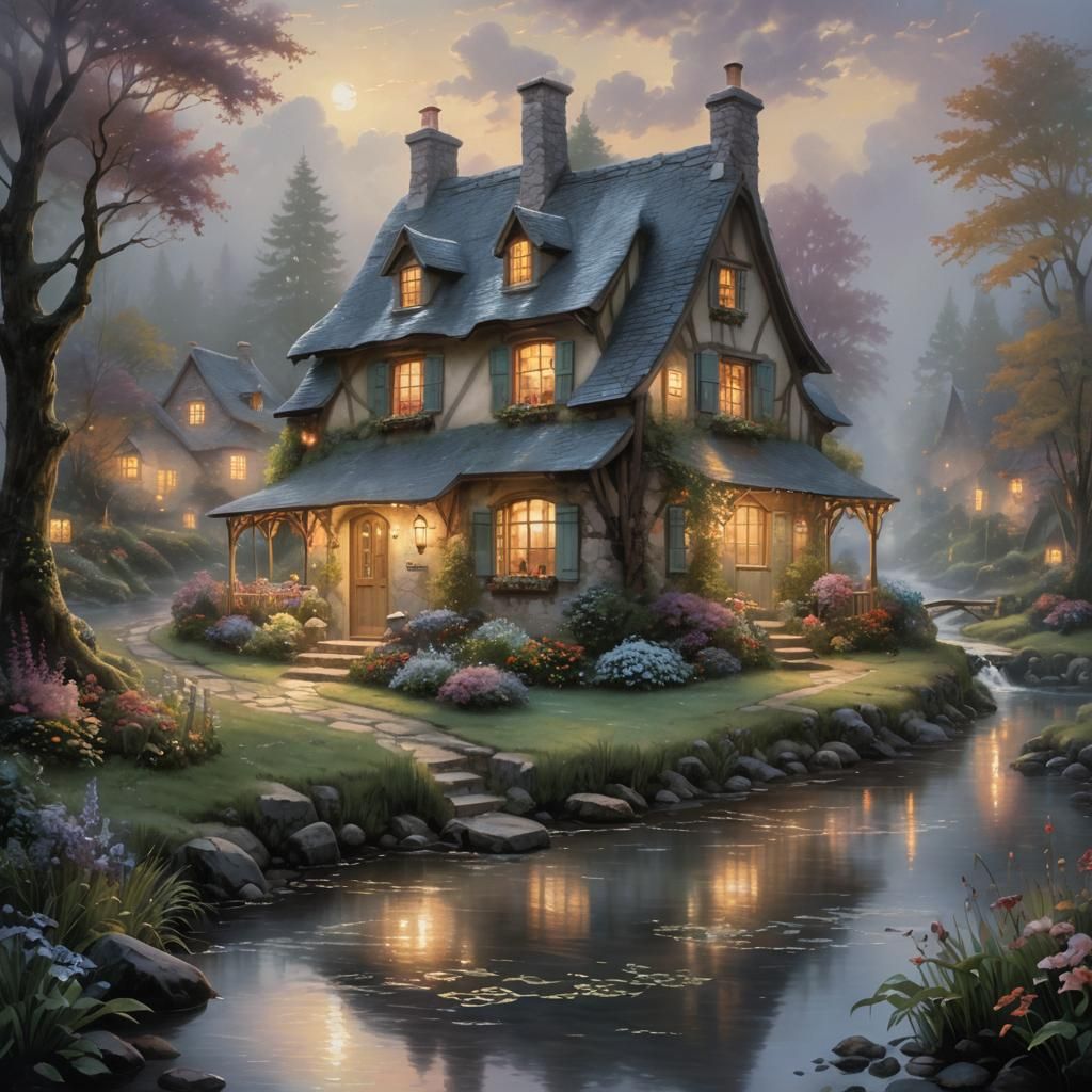 Mystical Cottage in Mist, Thomas Kinkade Style