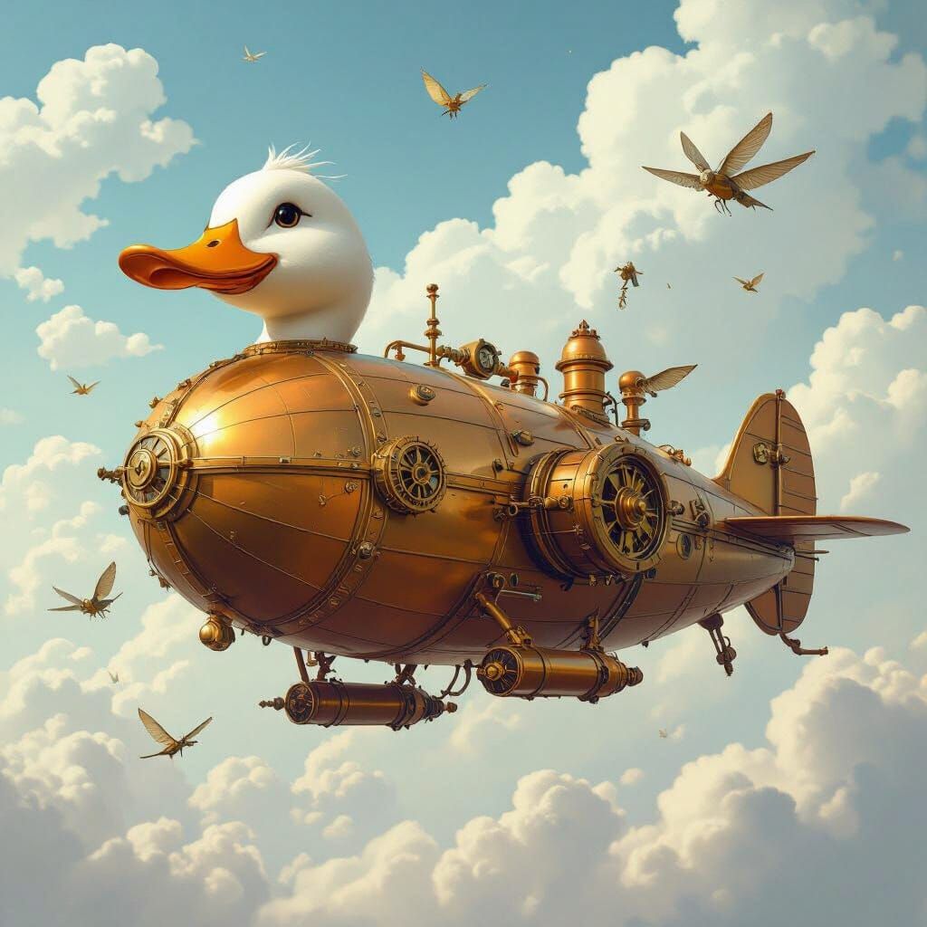 Steampunk Duck Airship Soaring Through Clockwork Sky
