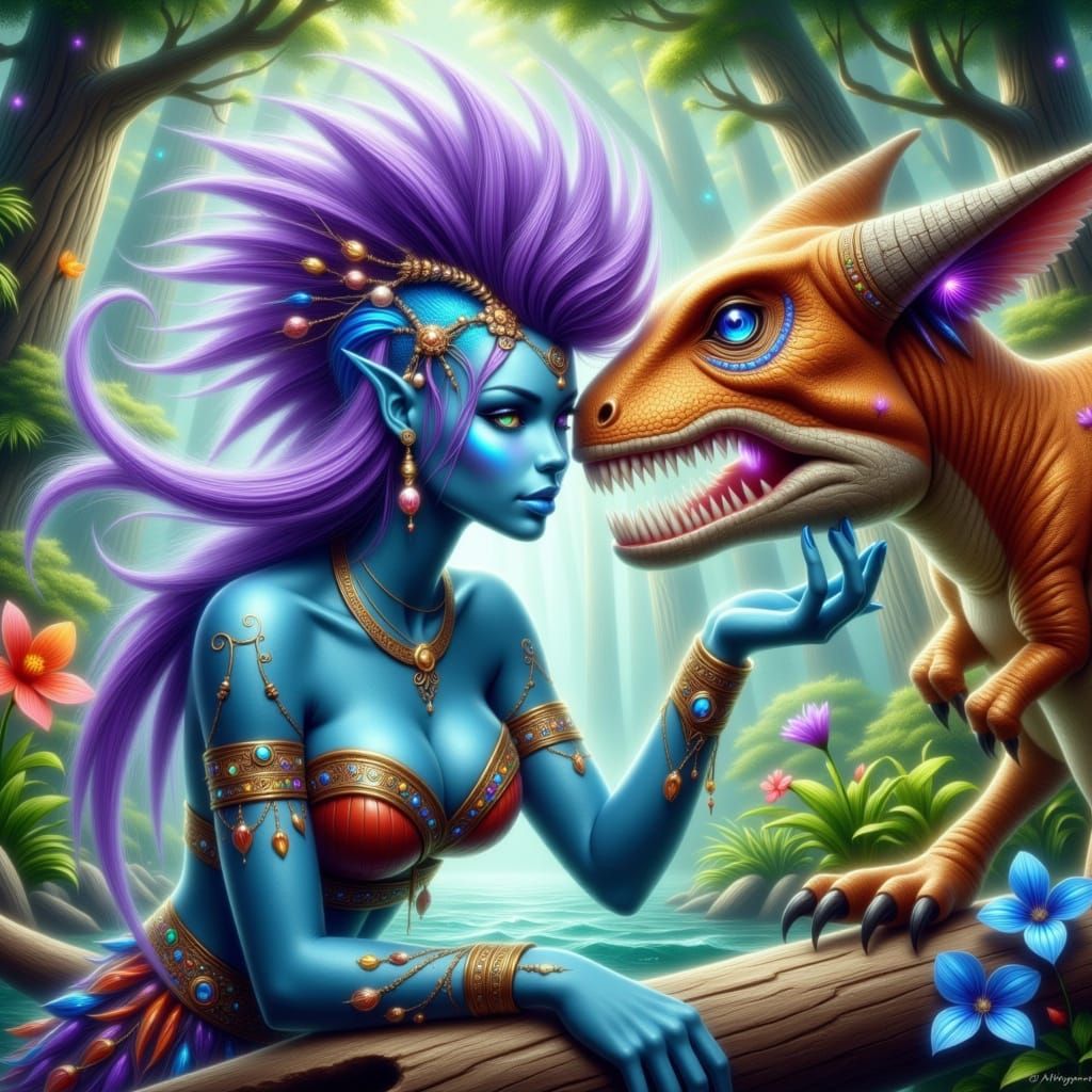 Radiant Fantasy Troll Goddess with Majestic Velociraptor Com...