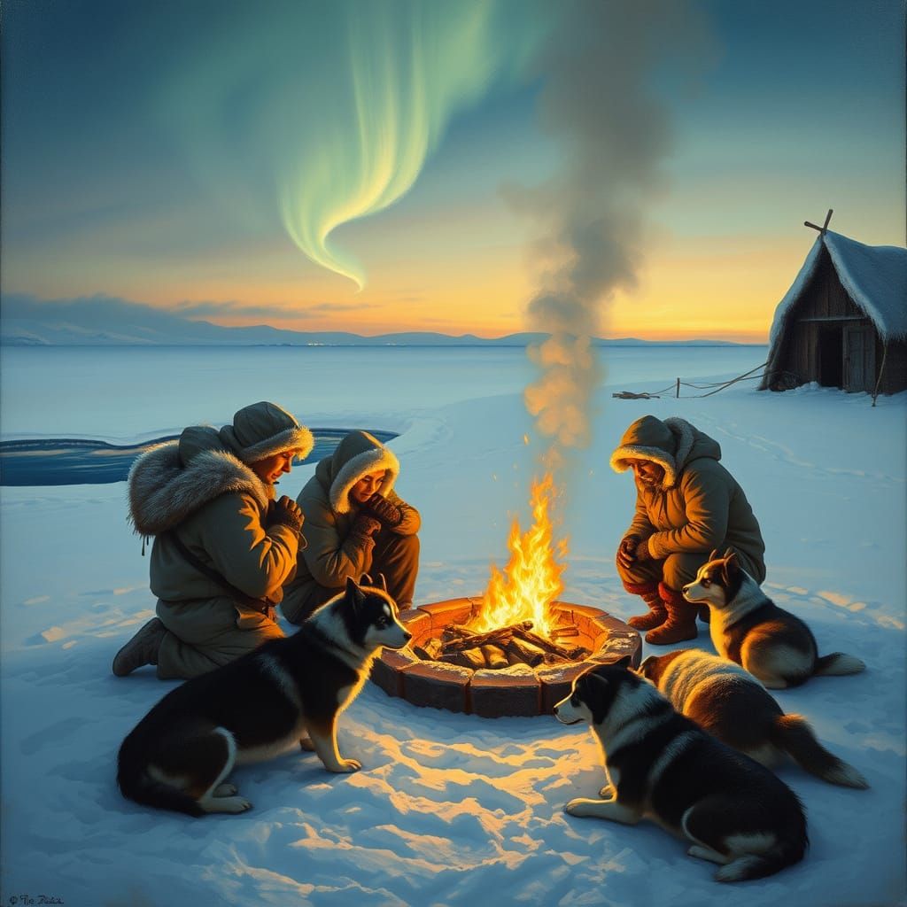 Village Life in the Arctic Snow, in the Style of the Old Mas...