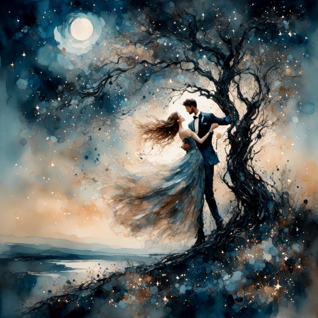 Romantic Couple Dancing Under Moonlit Sky in Watercolor
