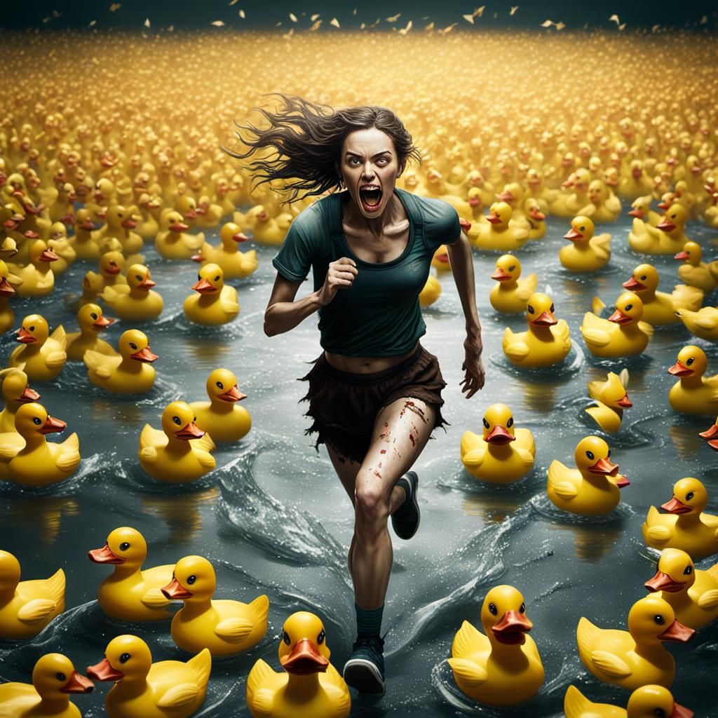 Woman Fleeing Evil Rubber Ducks: Hyper-Realistic Concept Art
