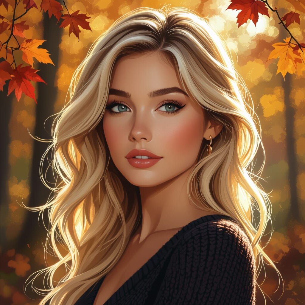 Beautiful Blonde Woman in Autumn Woods