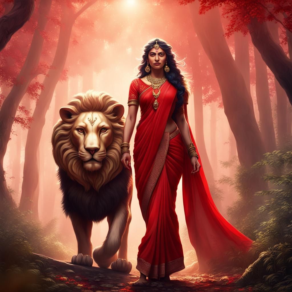 Goddess Durga with Lion in Forest, Detailed Matte Painting