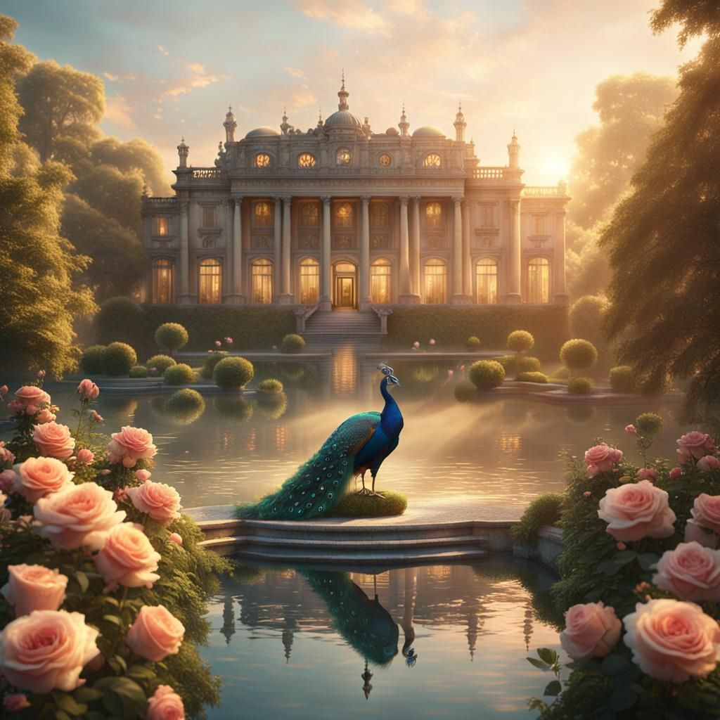 Peacocks and Roses in a Baroque Garden