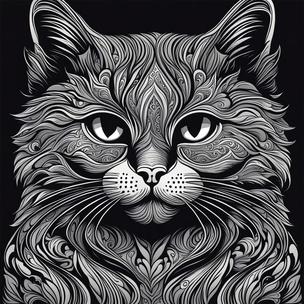 Monochrome Cartoon Cat in Abstract Art Style