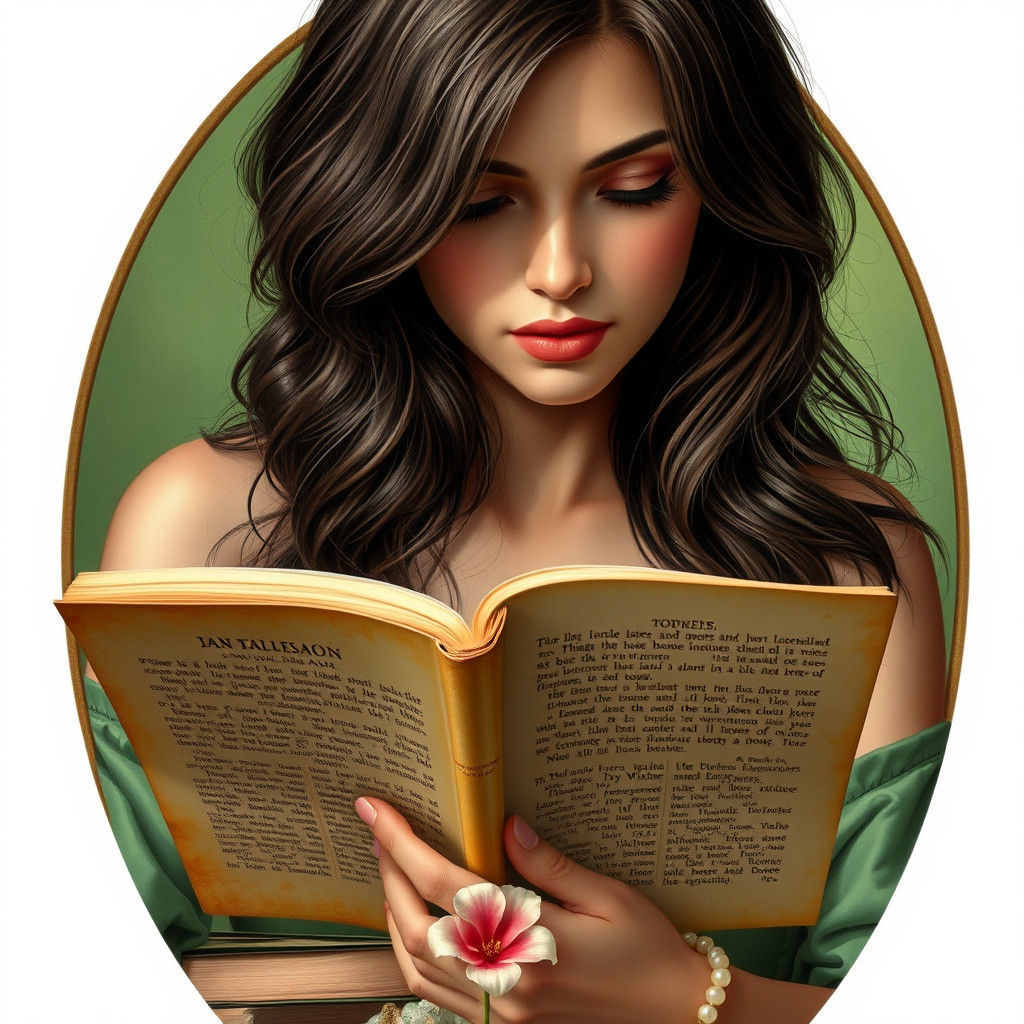 Seated Brunette Reading a Book in Watercolor Style