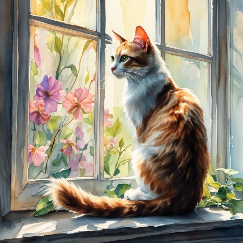 Cat Gazing Out Window in Watercolor Style