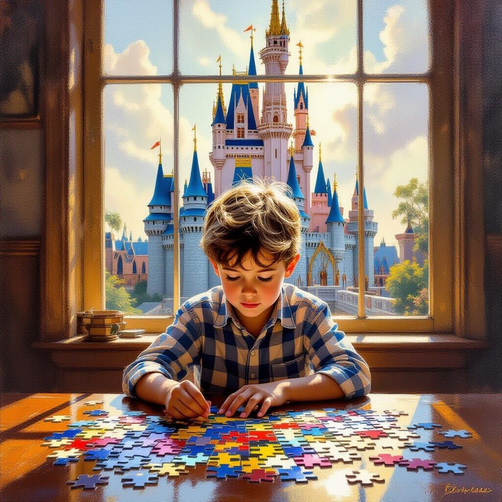 Boy Plays Jigsaw Puzzle of Majestic Castle in Oil Painting S...