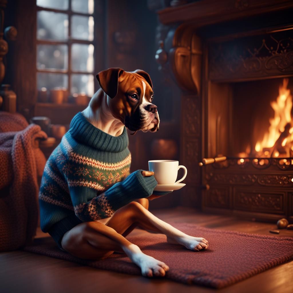 Boxer Dog Sipping Tea by Fireplace