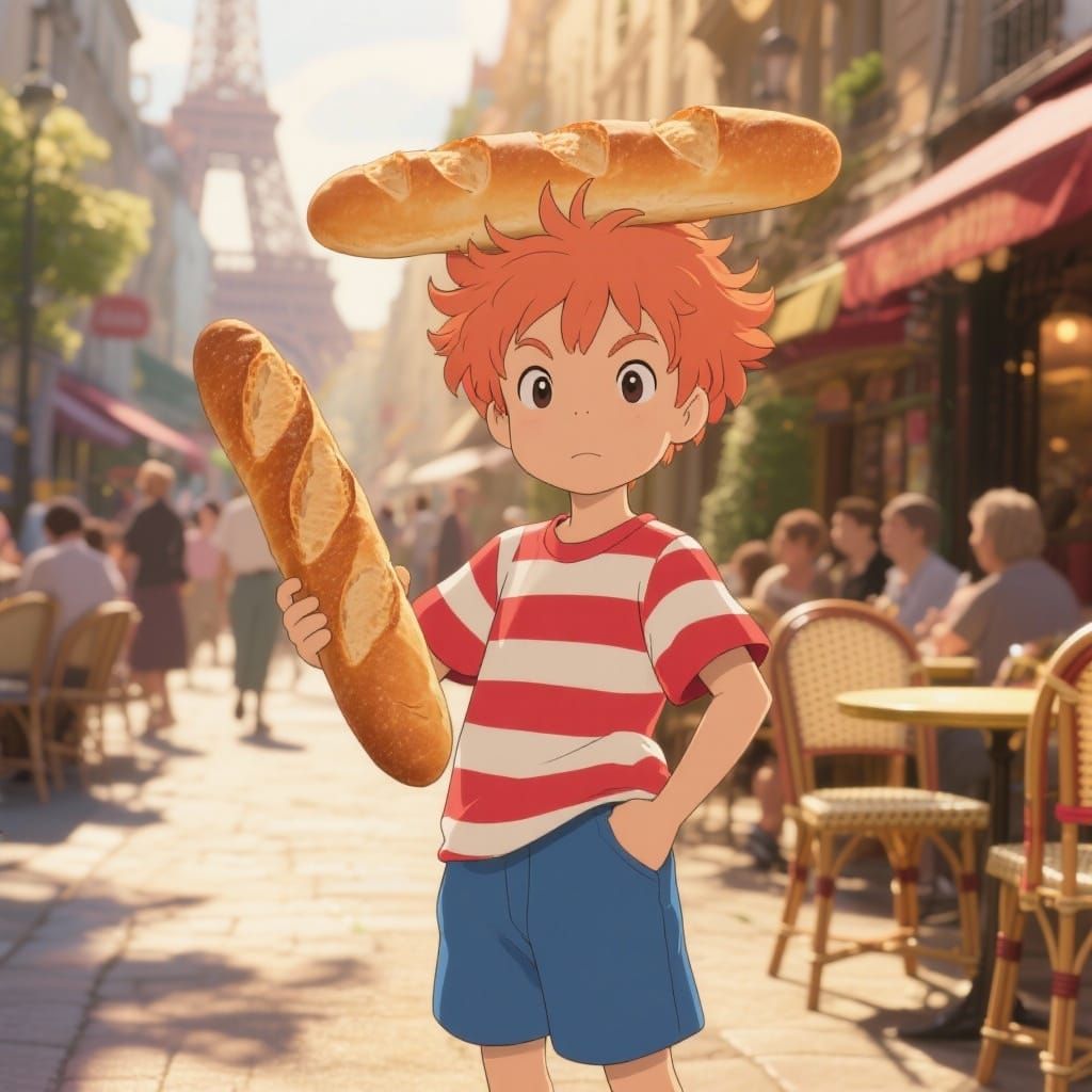 Boy with Giant Baguette in Parisian Cafe