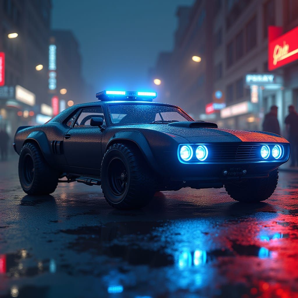 Sleek Futuristic Police Car with Gritty Realism and Neon Lig...