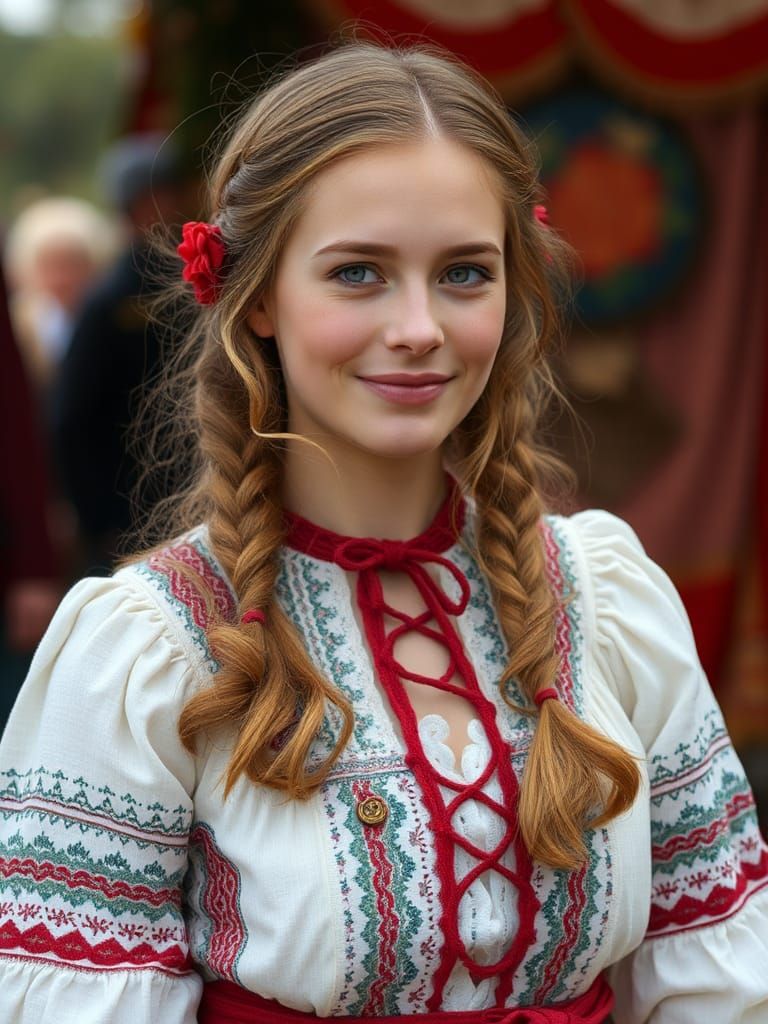 Young Woman in Folk Costume at Village Fair