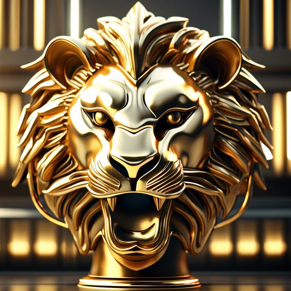 Golden Lion Trophy Roaring in Sci-Fi Style