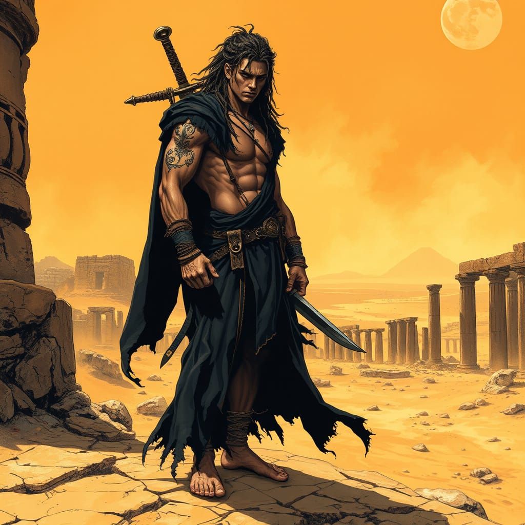 Gothic Warrior in Sun-Washed Ruins