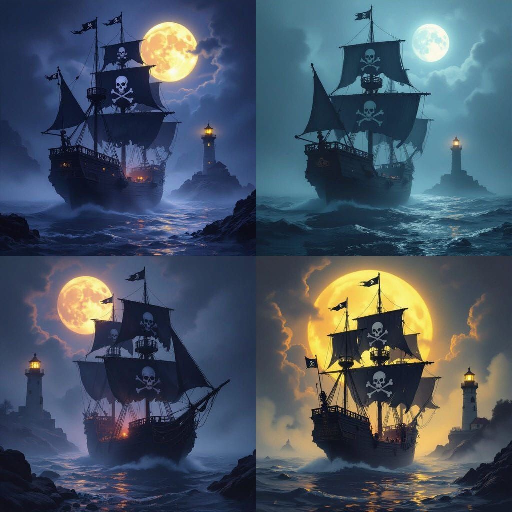 Ghostly Pirate Ship in Eerie Fog Under Full Moon