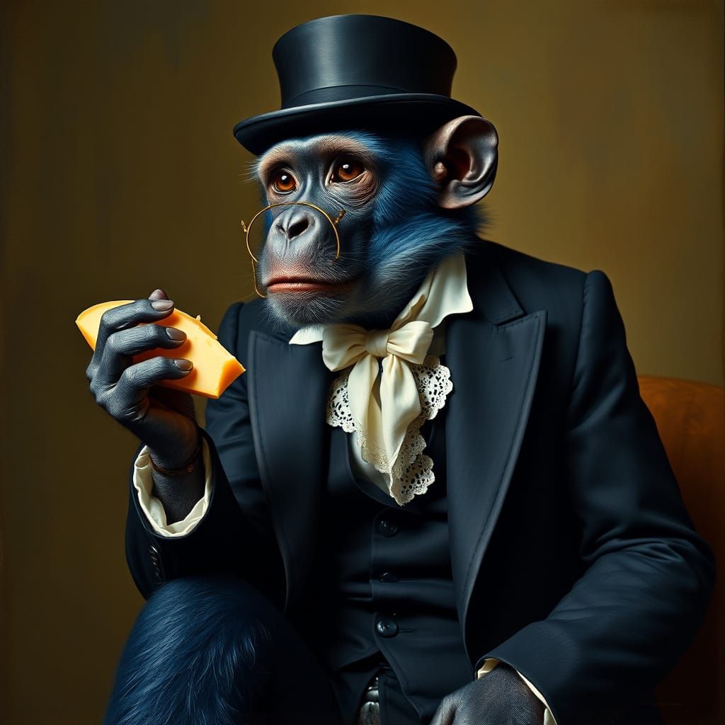 Refined Blue Monkey in Top Hat and Monocle, Savoring Artisan...