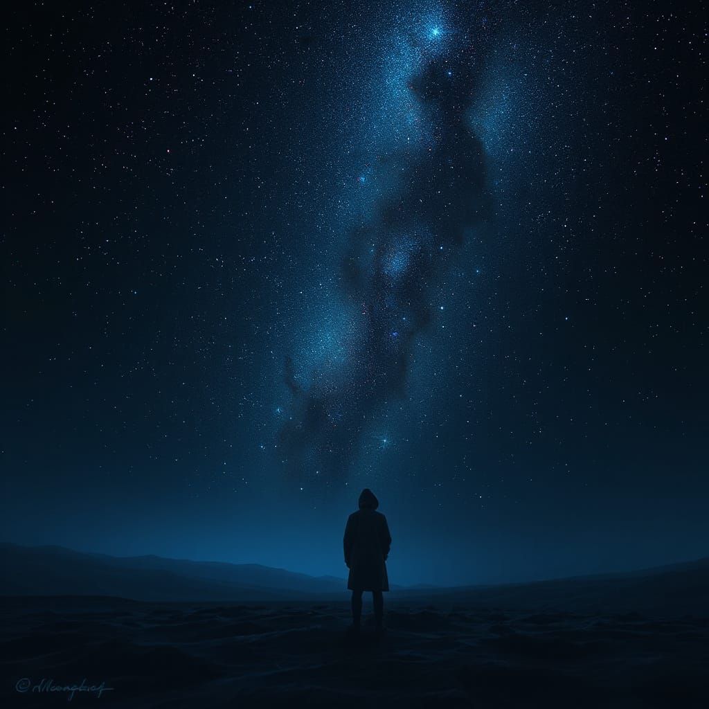 Lone Figure Under Starry Sky, Digital Painting