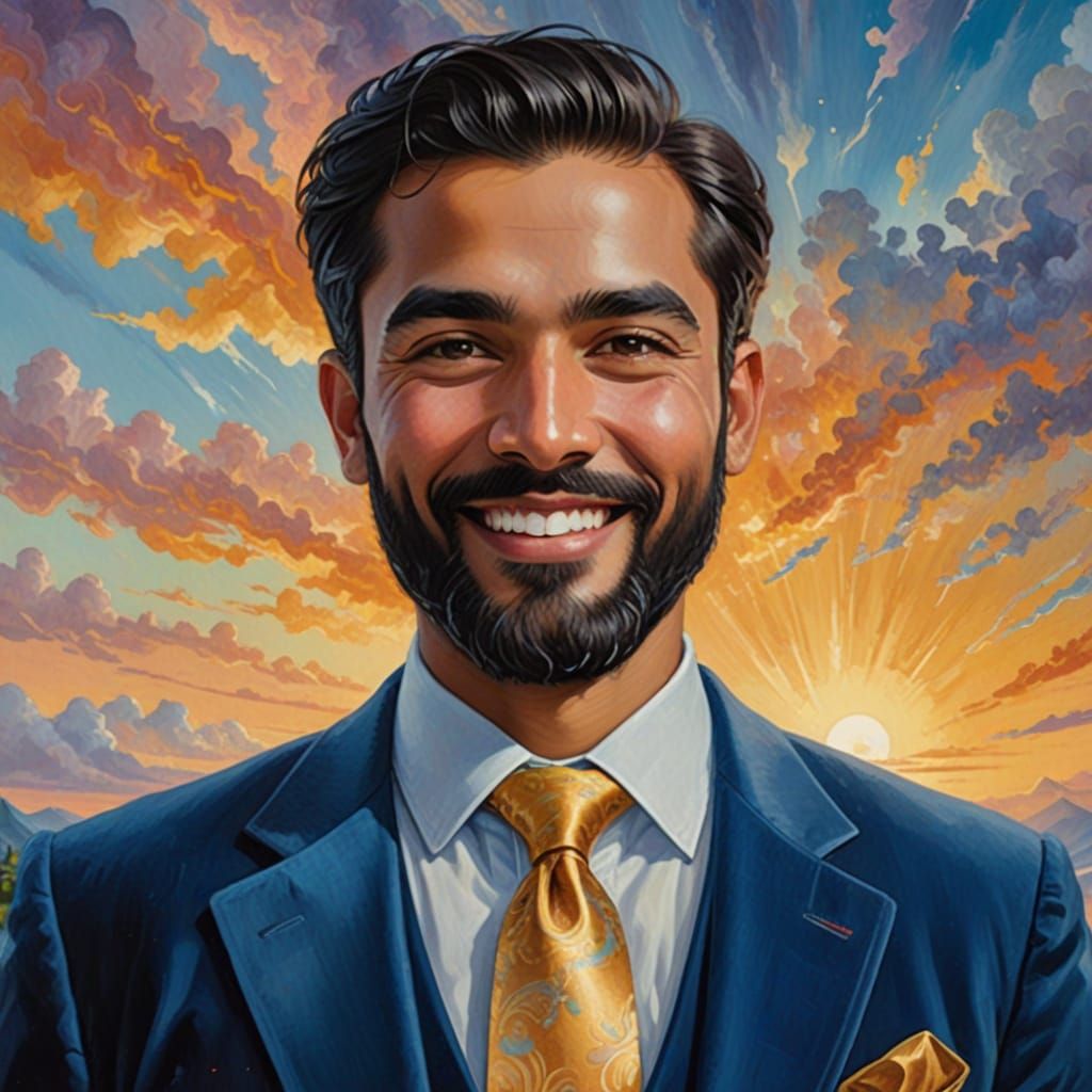 Smiling Man in Velvet Suit as Impasto Painting