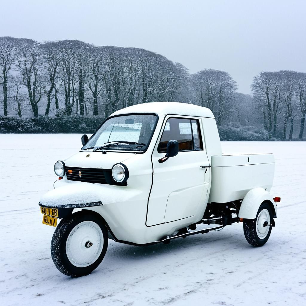 Reliant Robin Pickup Truck on Snowy Winter Day