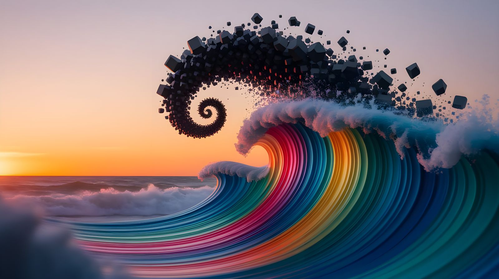 Abstract Silhouette Dissolving into Pixels with Colorful Sea