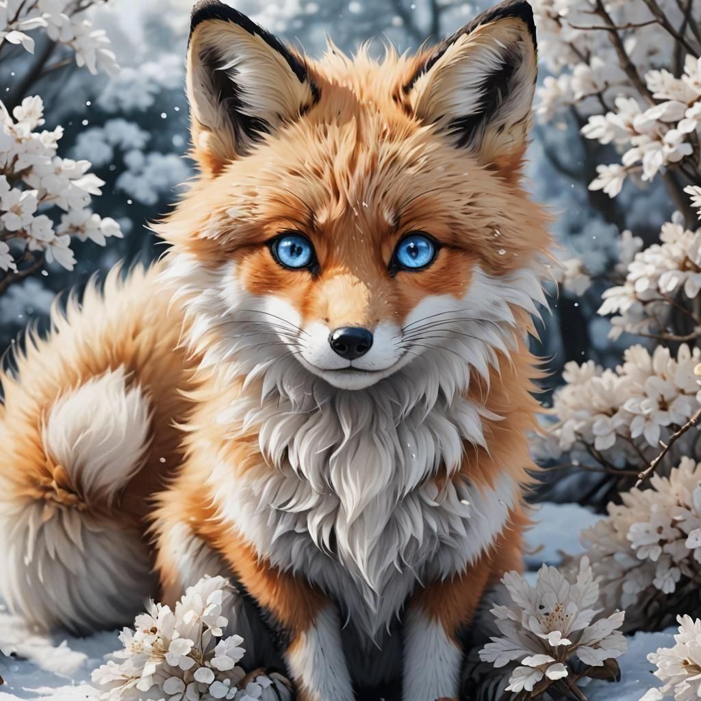 Cute Fluffy Fox with Blue Eyes in Anime Style