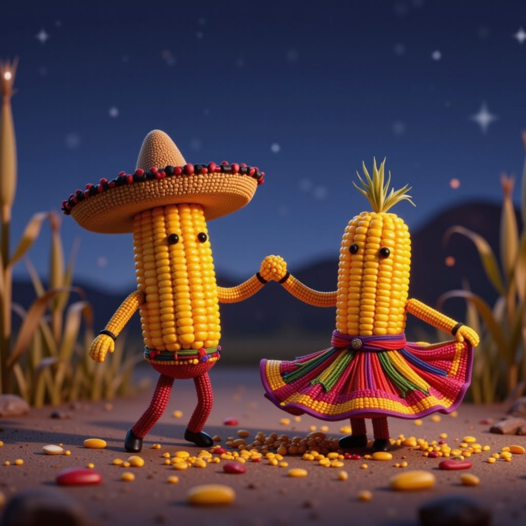 Cornbots Dance in Vibrant Mexican Attire Under Starlit Sky