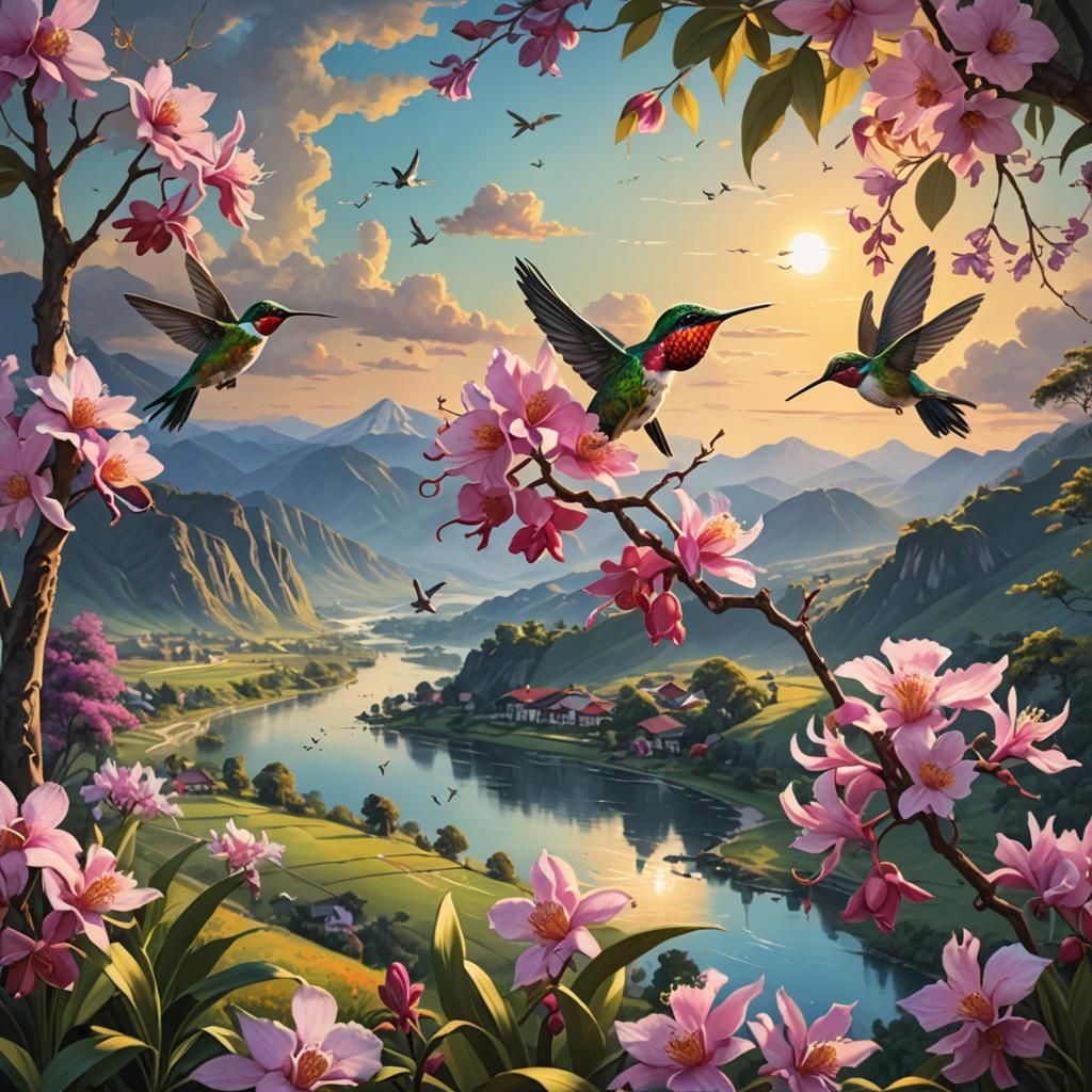 Hummingbirds in Orchid Forest at Sunset: Splash Art