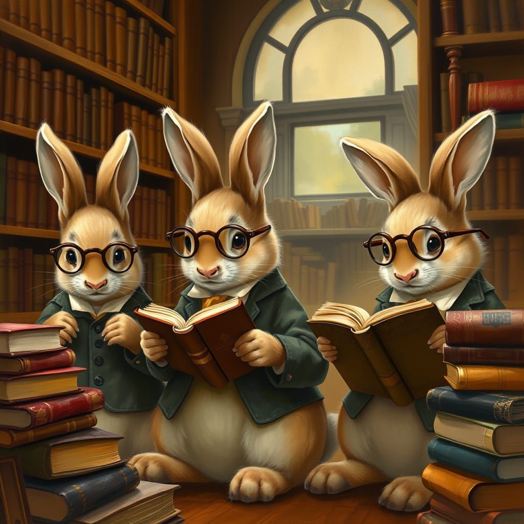 Bunnies in Vintage-Style Library Scenes
