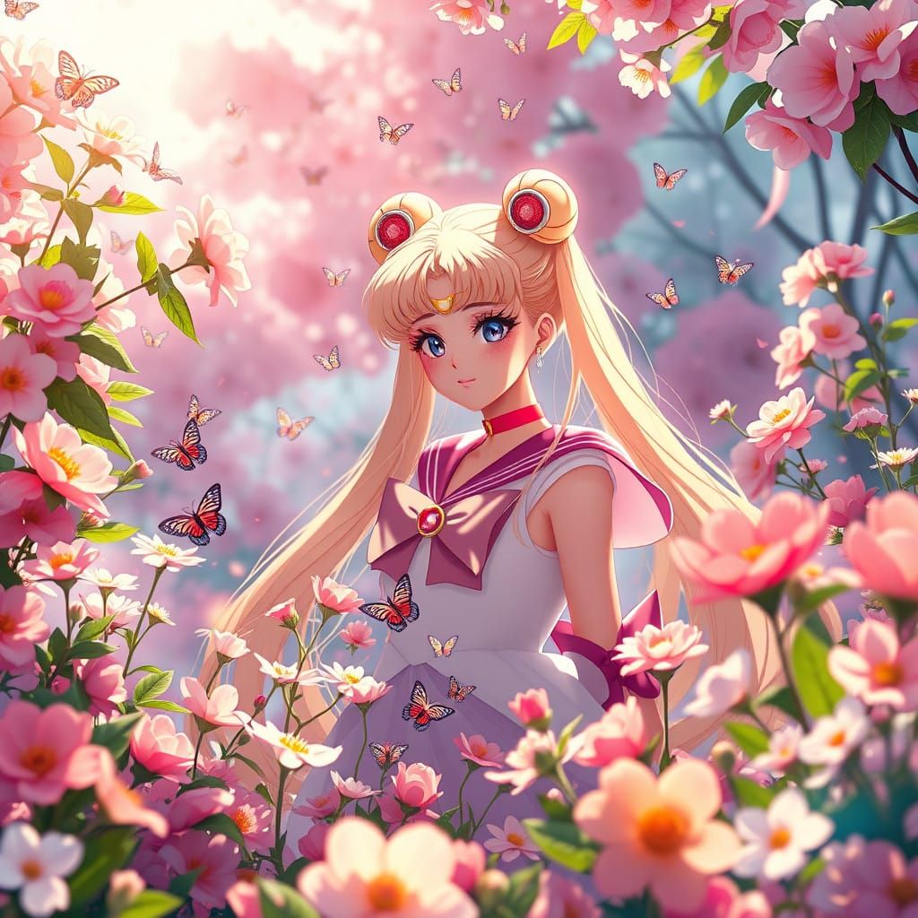 Sailor Moon in Whimsical Floral Corona Fantasy Art